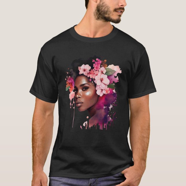 Schöne schwarze Frau Afro Königin Melanin Pink Flo T-Shirt (Vorderseite)