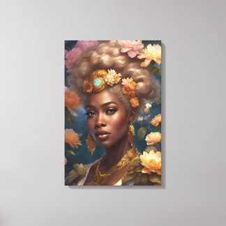 Schöne schwarze Frau im Blumengarten Leinwanddruck