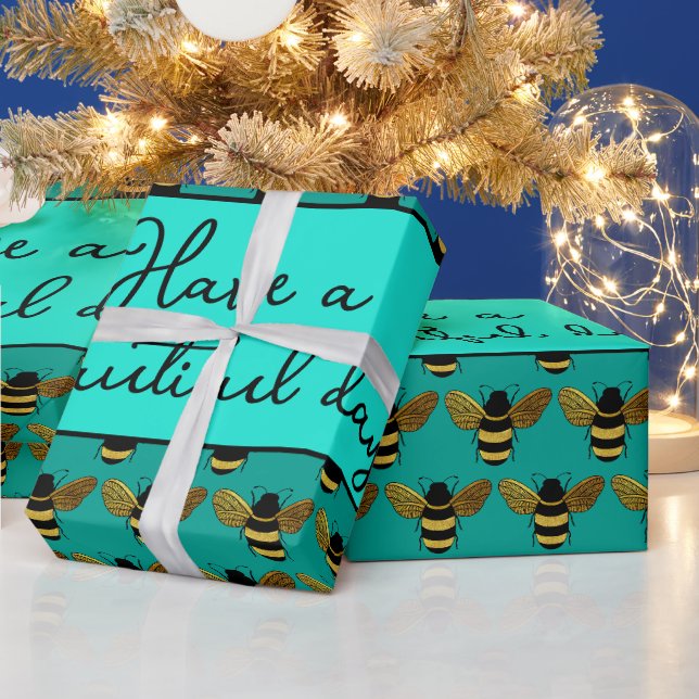 SCHÖNE SCHWARZE GOLD BUMBLEBEE BEE TEXT AQUA GREEN GESCHENKPAPIER (Feiertage)
