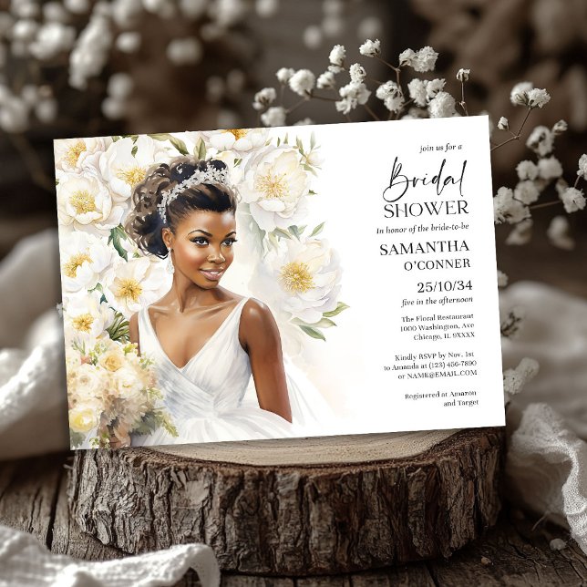 Schöne schwarze Hautbraut mit Hochzeitskogo Einladung (Beautiful black skin bride with wedding gown boho invitation)