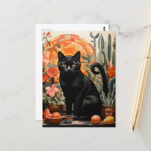 Schöne schwarze Katze in den Häusern Stillleben Postkarte