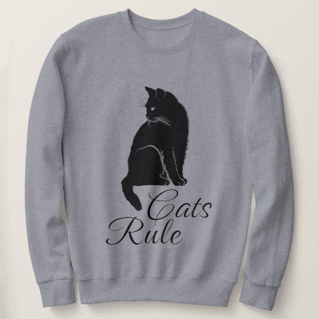 Schöne schwarze Katze mit "Cats Rule" Text Sweatshirt (Design vorne)
