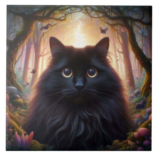Schöne schwarze Katze mit goldenen Augen Fliese (Vorderseite)