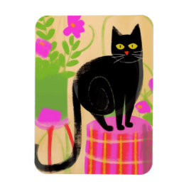 Schöne schwarze Katze mit Hauspflanzen Magnet
