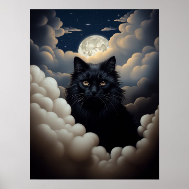 Schöne schwarze Katze sitzt in den Wolken Poster (Vorne)