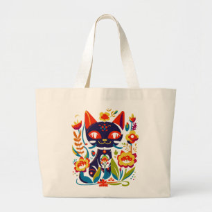 Schöne schwarze Katzen-Volks kunst-Blumenillustrat Jumbo Stoffbeutel