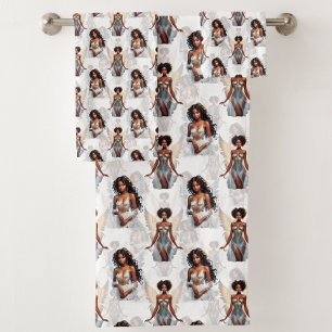 Schöne schwarze Mädchen-Engel-Musterdesign Badhandtuch Set