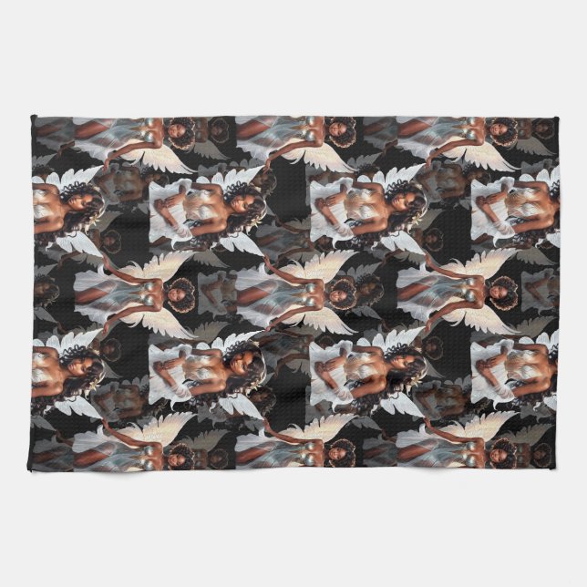 Schöne schwarze Mädchen-Engel-Musterdesign -Dunkel Geschirrtuch (Horizontal)
