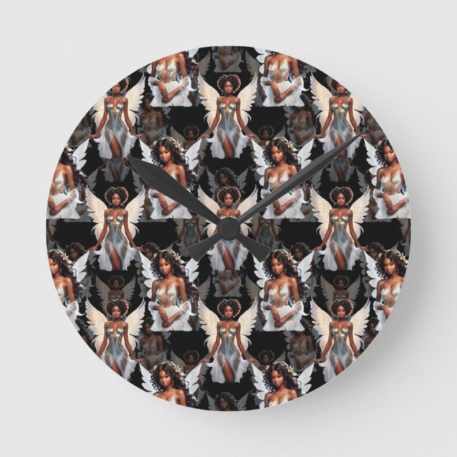 Schöne schwarze Mädchen-Engel-Musterdesign -Dunkel Runde Wanduhr (Vorderseite)