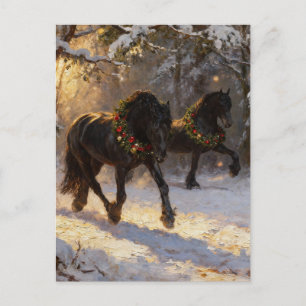 Schöne schwarze Pferde Winterwald Weihnachten Postkarte