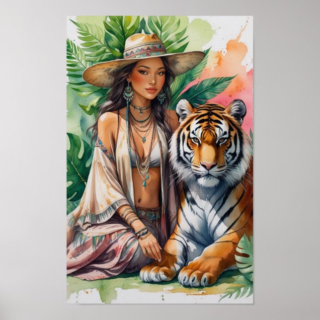 Schöne serene Boho-Frau und ihr Tiger Poster (Vorne)