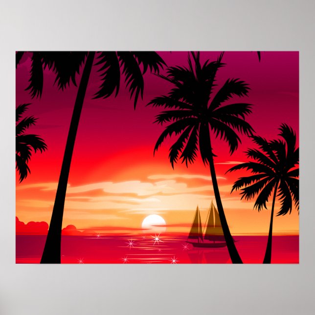 Schöne Shimmery Island Sunset & Sailboat Poster (Vorne)