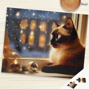 Schöne siamesische Katze am Fenster Weihnachtsmann Puzzle