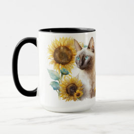 SCHÖNE SIAMESISCHE KATZE MIT GELBEN SONNENBLUMEN TASSE