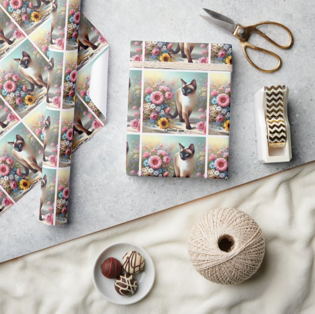 Schöne siamesische Katze und Blume Geschenkpapier (Kunsthandwerk)