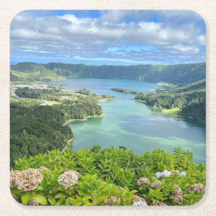 Schöne Sicht auf Sete Cidades Caldera, Azoren Rechteckiger Pappuntersetzer