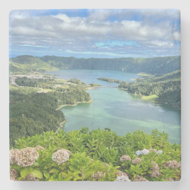Schöne Sicht auf Sete Cidades Caldera, Azoren Steinuntersetzer (Vorderseite)