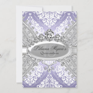 Schöne Silber-Purple Damast & Tiara Quinceanera Einladung