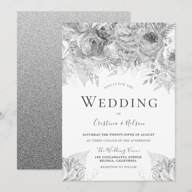 Schöne Silbergraue Blume Elegante Hochzeit Einladung (Vorne/Hinten)