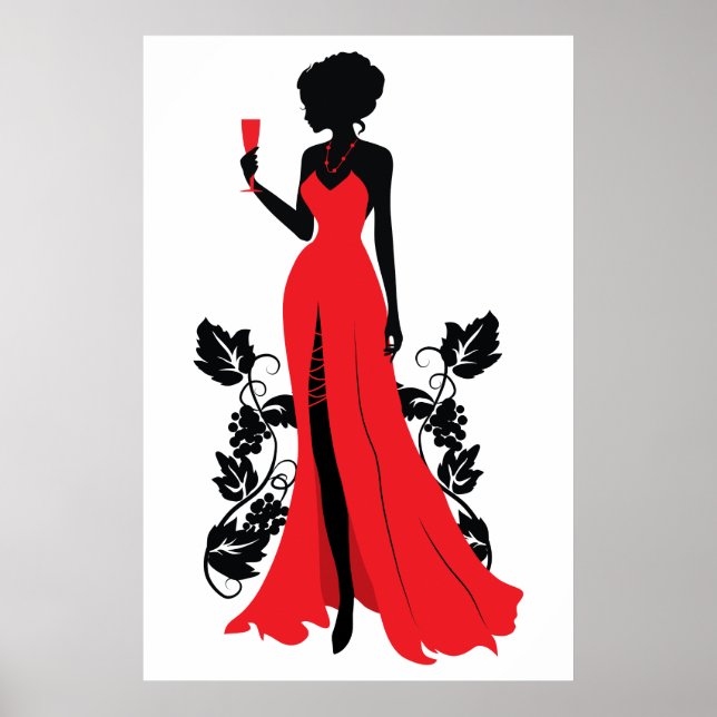 Schöne Silhouette der jungen Frau mit Weinglas Poster (Vorne)