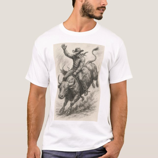 Schöne Skizze Cowboy reiten auf einem Stier T-Shirt (Vorderseite)