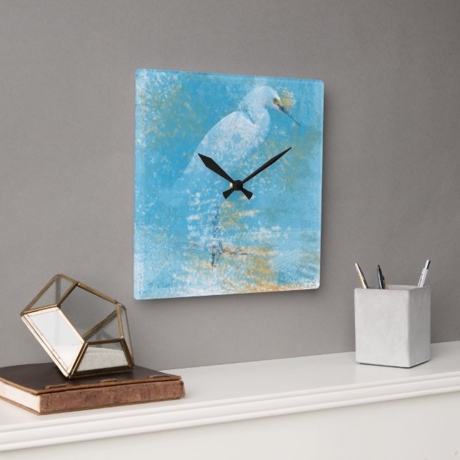 Schöne Snowy Egret Kunst Quadratische Wanduhr (Büro)