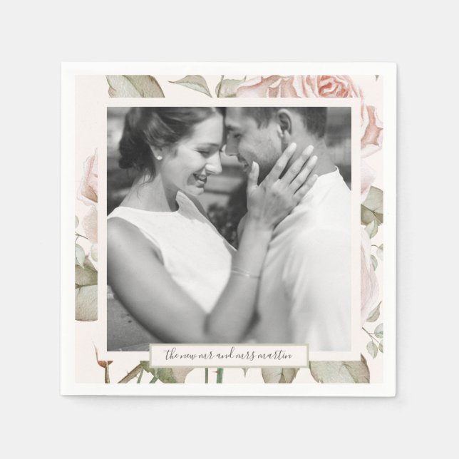 Schöne Soft Peach Rose mit Foto Hochzeit Serviette (Vorderseite)