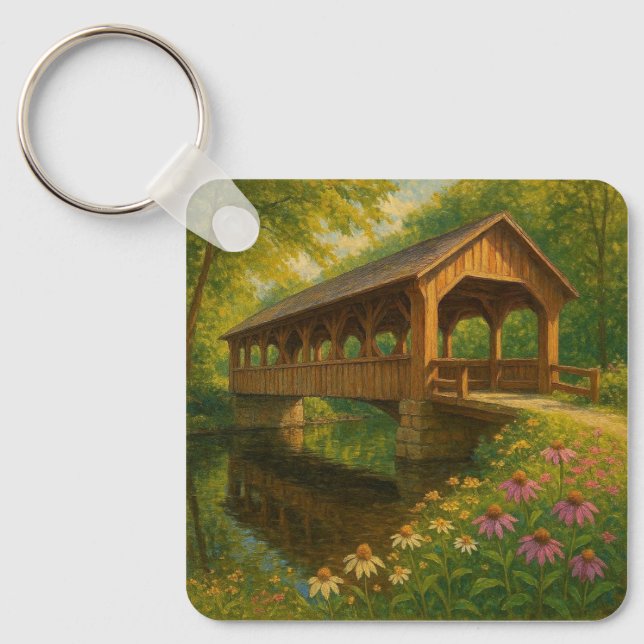 Schöne Sommer überdachte Brücke Kunst Schlüsselanhänger (Vorderseite)