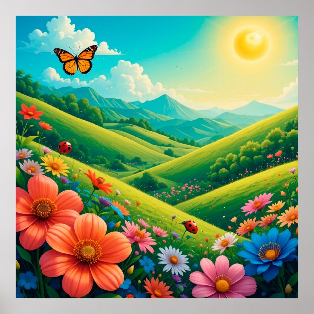 Schöne Sommerlandschaft mit bunten Blume Poster (Vorne)