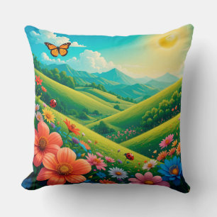 Schöne Sommerlandschaft mit farbenfrohen Blumen Kissen