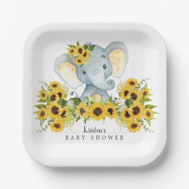 Schöne Sonnenblume Elephant Babydusche Pappteller (Vorderseite)