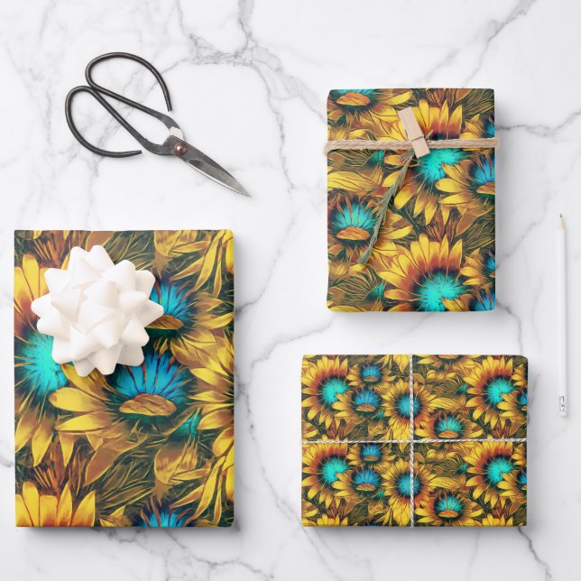 Schöne Sonnenblume Gelb Aquamarines Abstraktes Mus Geschenkpapier Set (Vorderseite)