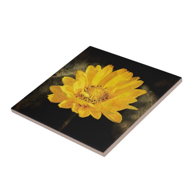 Schöne Sonnenblume mit dunkelbraunem Hintergrund Fliese (Seite)
