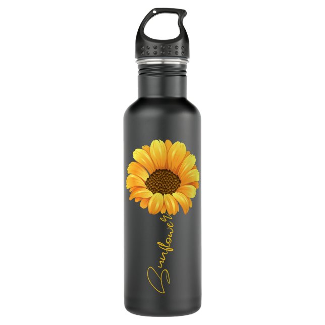 Schöne Sonnenblume mit Sonnenblumenaufschrift Shir Edelstahlflasche (Vorderseite)