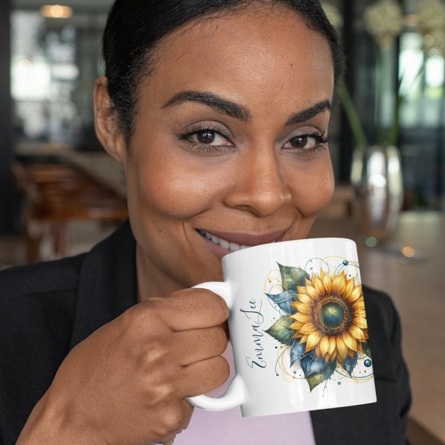 Schöne Sonnenblume und Denim Mit Monogramm Kaffeetasse (Von Creator hochgeladen)
