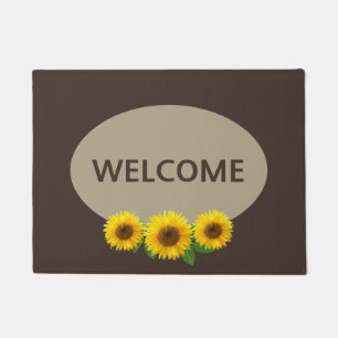 Schöne Sonnenblumen auf brauner Willkommensmatte Fußmatte