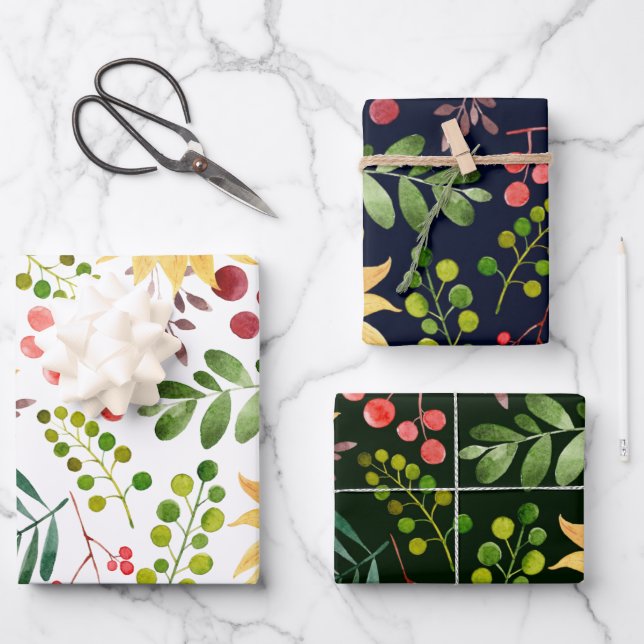 Schöne Sonnenblumen und Berries Wasserfarbe Geschenkpapier Set (Vorderseite)