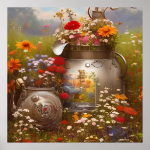 Schöne Sonnenblumen Wildblumen rot-blau Poster