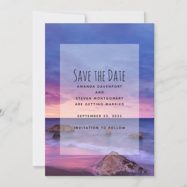 Schöne Sonnenuntergang Küstenfotografie Hochzeit Save The Date (Vorderseite)