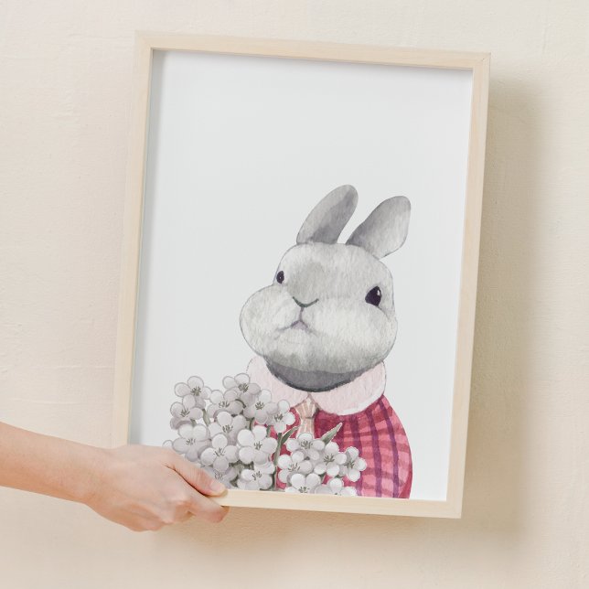 Schöne, sonnige Blume mit Holz-Kinderzimmer-Dekora Poster (Lovely Bunny Flower Holding Woodland Nursery Decor)
