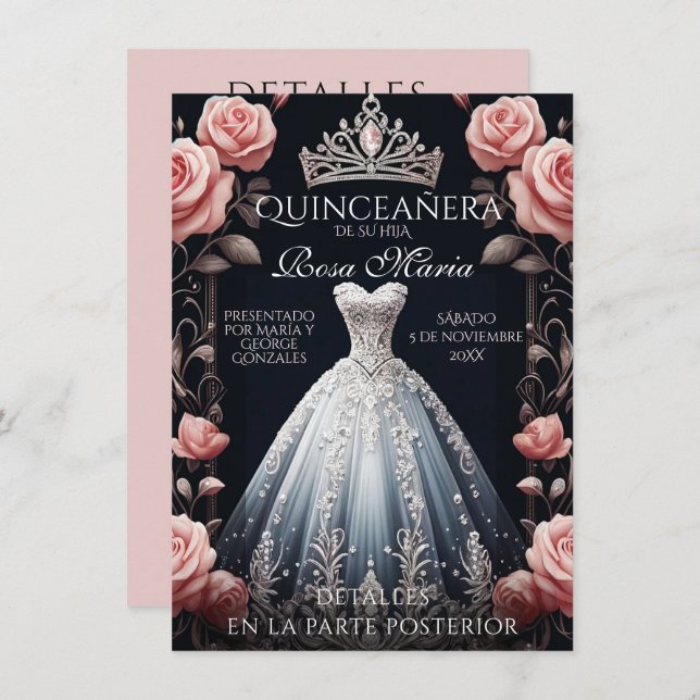 Schöne Spanische Rose Quinceñera Einladung (Vorne/Hinten)