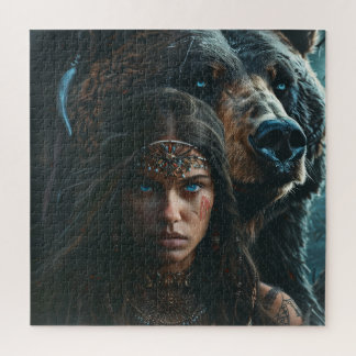 Schöne Stammesfrau mit ihrem Bären Puzzle