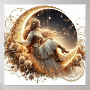 Schöne Steampunk-Frau auf dem Mond Poster