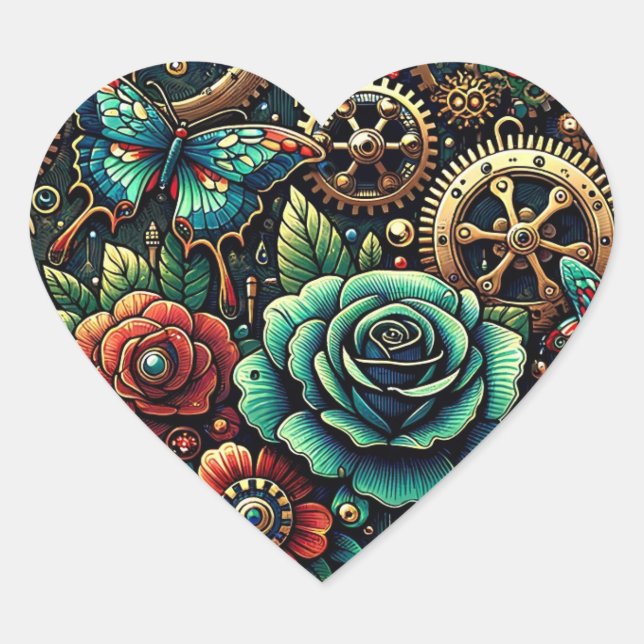 Schöne Steampunk Gears und Rose Herz-Aufkleber (Vorderseite)