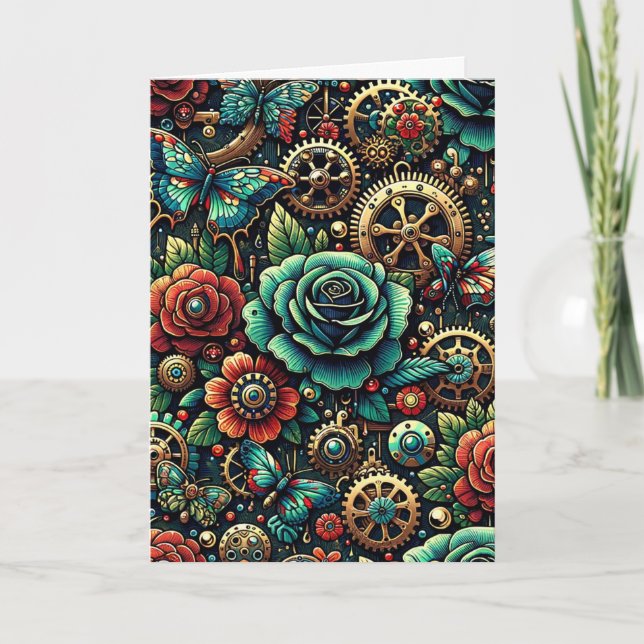 Schöne Steampunk Gears und Rose Leere Karte (Vorderseite)