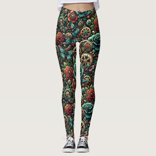 Schöne Steampunk Gears und Rose Leggings (Vorderseite)