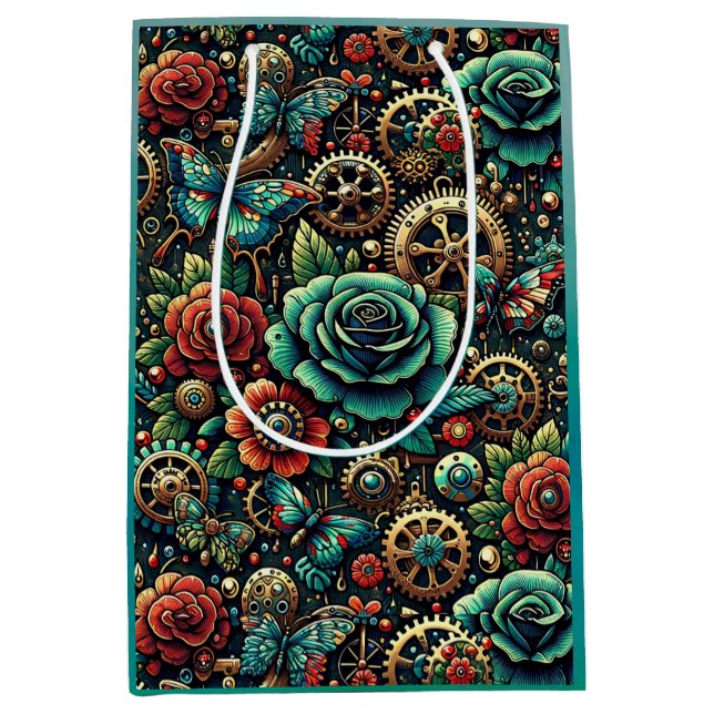 Schöne Steampunk Gears und Rose Mittlere Geschenktüte (Vorderseite)
