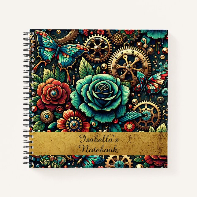 Schöne Steampunk Gears und Rose Notizbuch (Vorderseite)