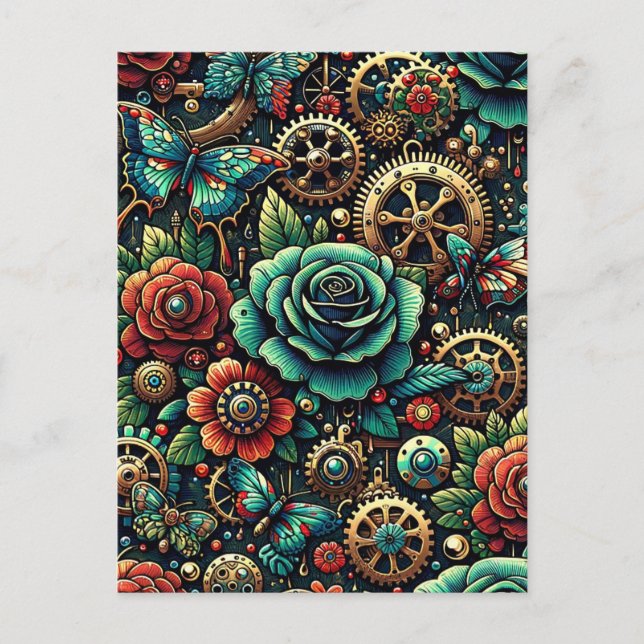 Schöne Steampunk Gears und Rose Postkarte (Vorderseite)