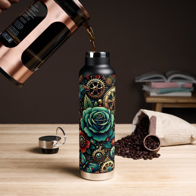 Schöne Steampunk Gears und Rose Trinkflasche (Kaffee)